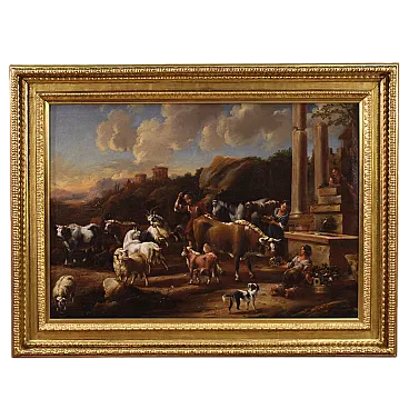 Large painting from the 18th century, pastoral scene with classical ruins