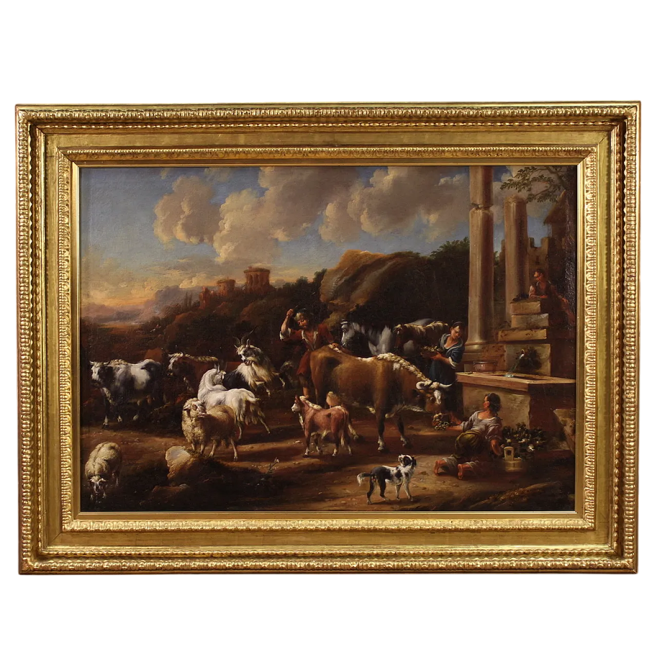 Large painting from the 18th century, pastoral scene with classical ruins 17