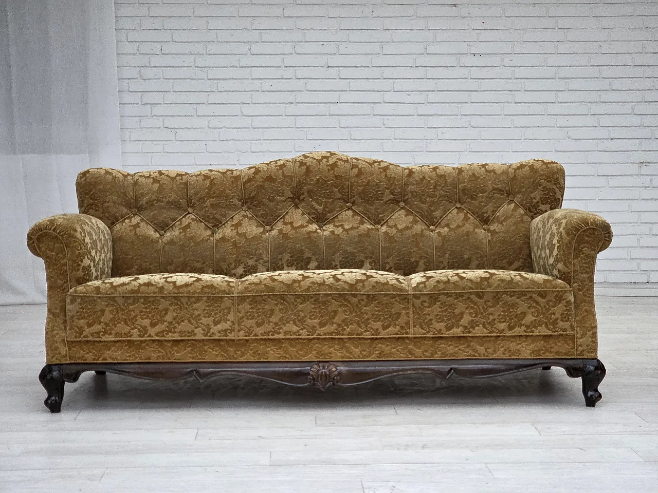 3 seater sofa in velvet and carved oak, 1950s 1