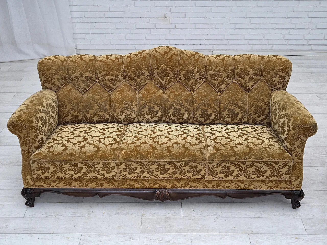 3 seater sofa in velvet and carved oak, 1950s 2