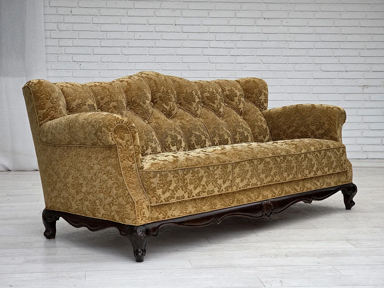 3 seater sofa in velvet and carved oak, 1950s 4