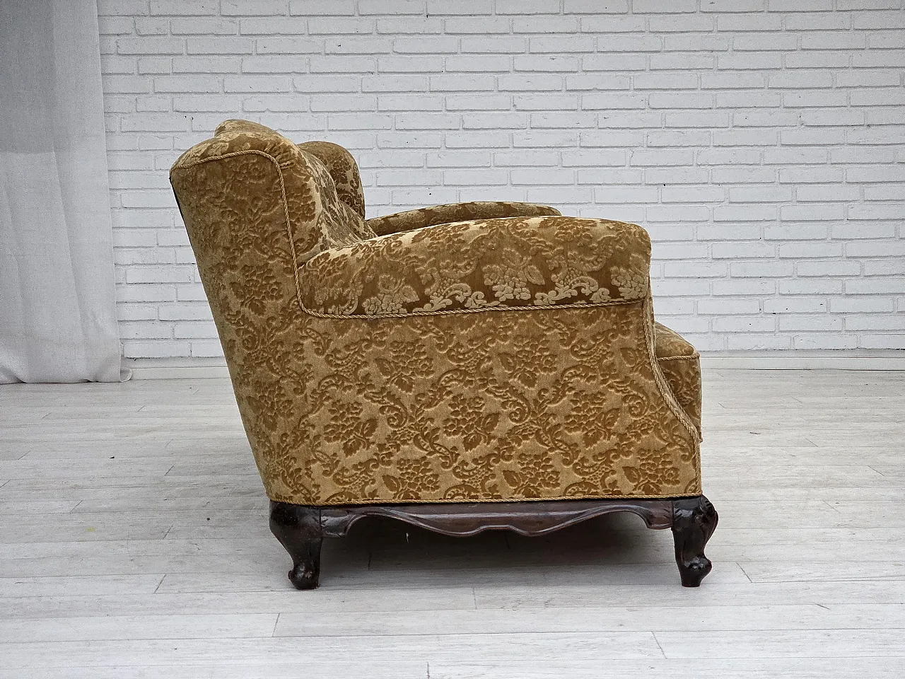 3 seater sofa in velvet and carved oak, 1950s 6