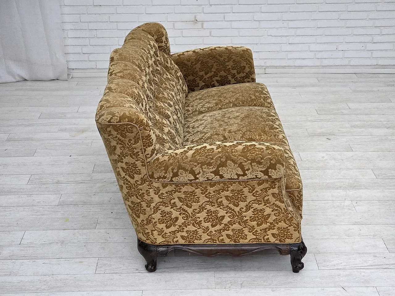 3 seater sofa in velvet and carved oak, 1950s 7