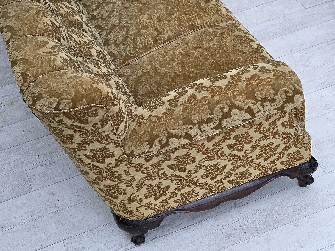 3 seater sofa in velvet and carved oak, 1950s 9