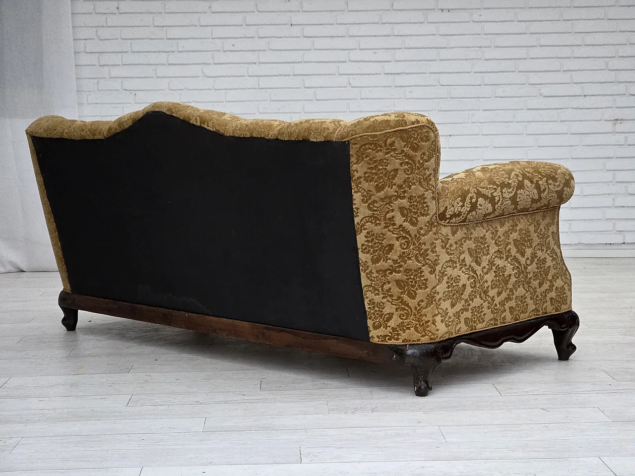 3 seater sofa in velvet and carved oak, 1950s 10