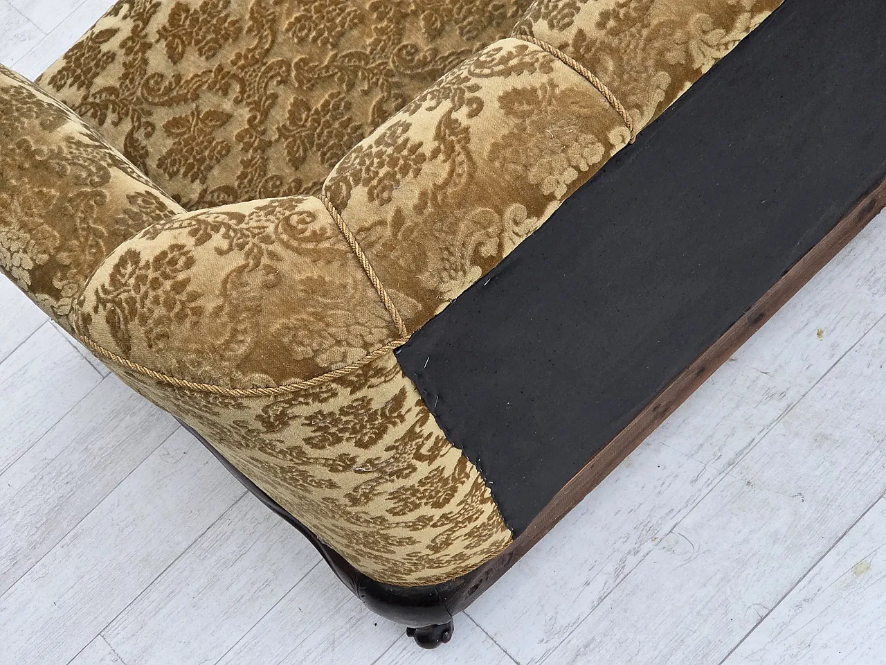 3 seater sofa in velvet and carved oak, 1950s 12