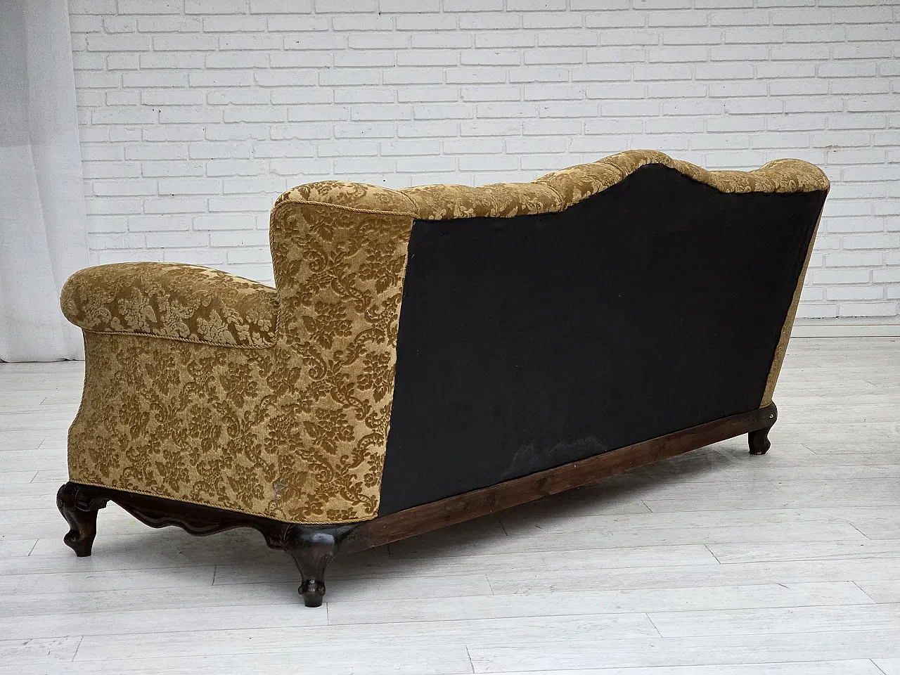 3 seater sofa in velvet and carved oak, 1950s 13