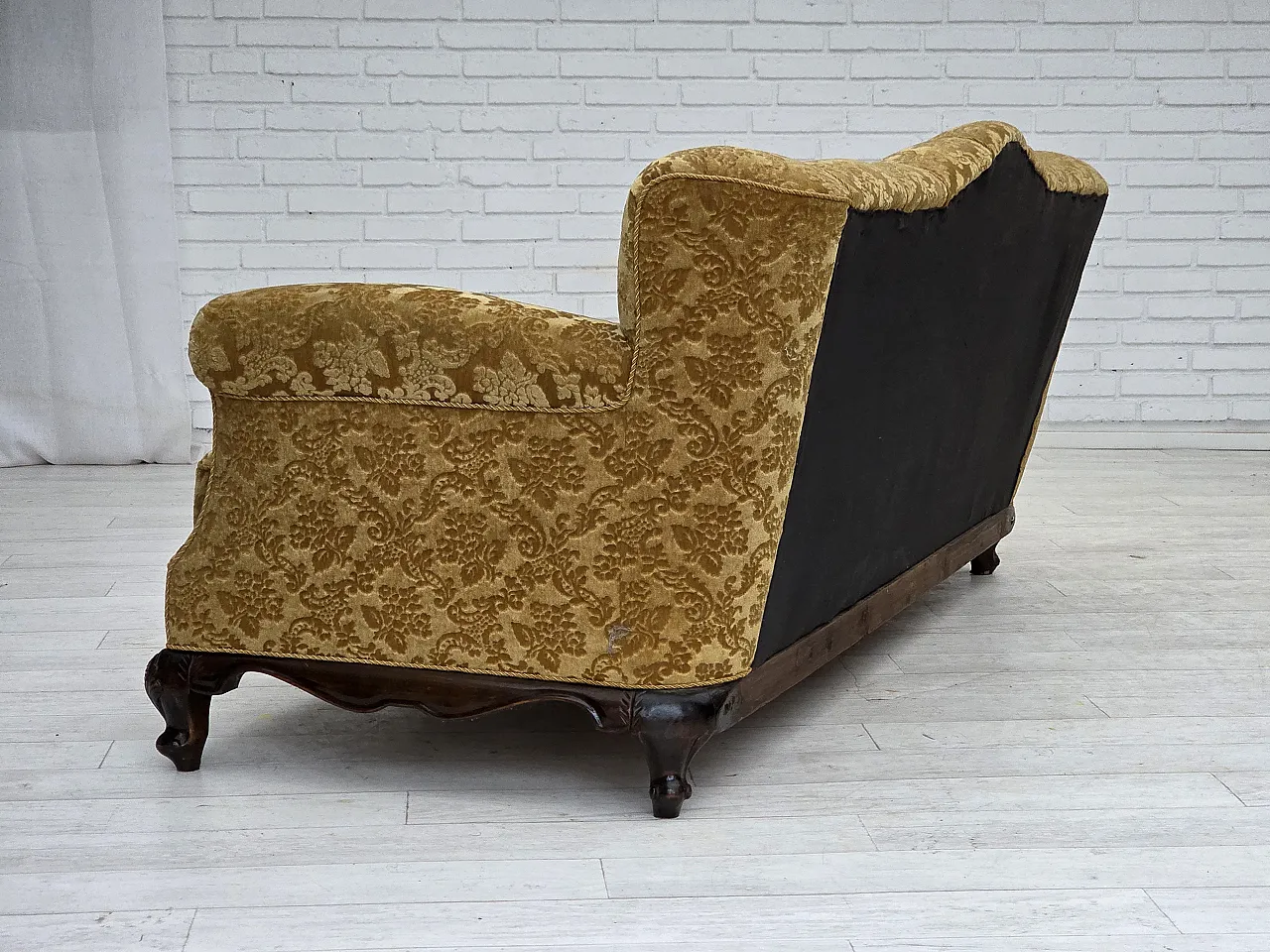 3 seater sofa in velvet and carved oak, 1950s 14