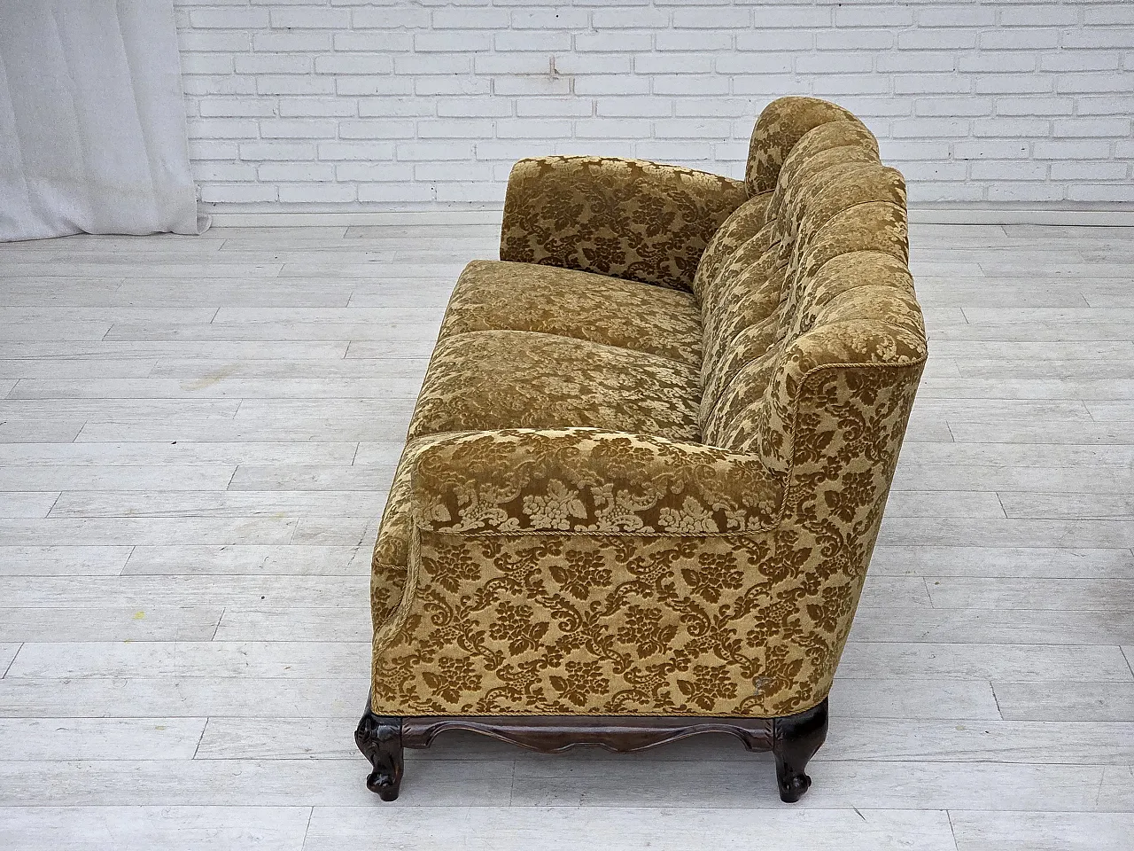 3 seater sofa in velvet and carved oak, 1950s 15