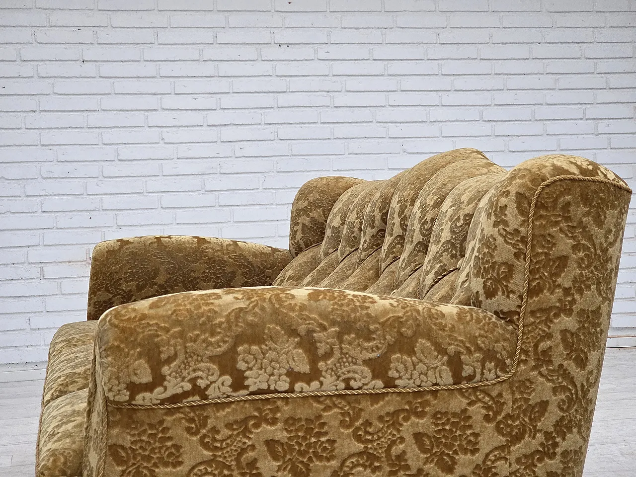 3 seater sofa in velvet and carved oak, 1950s 16