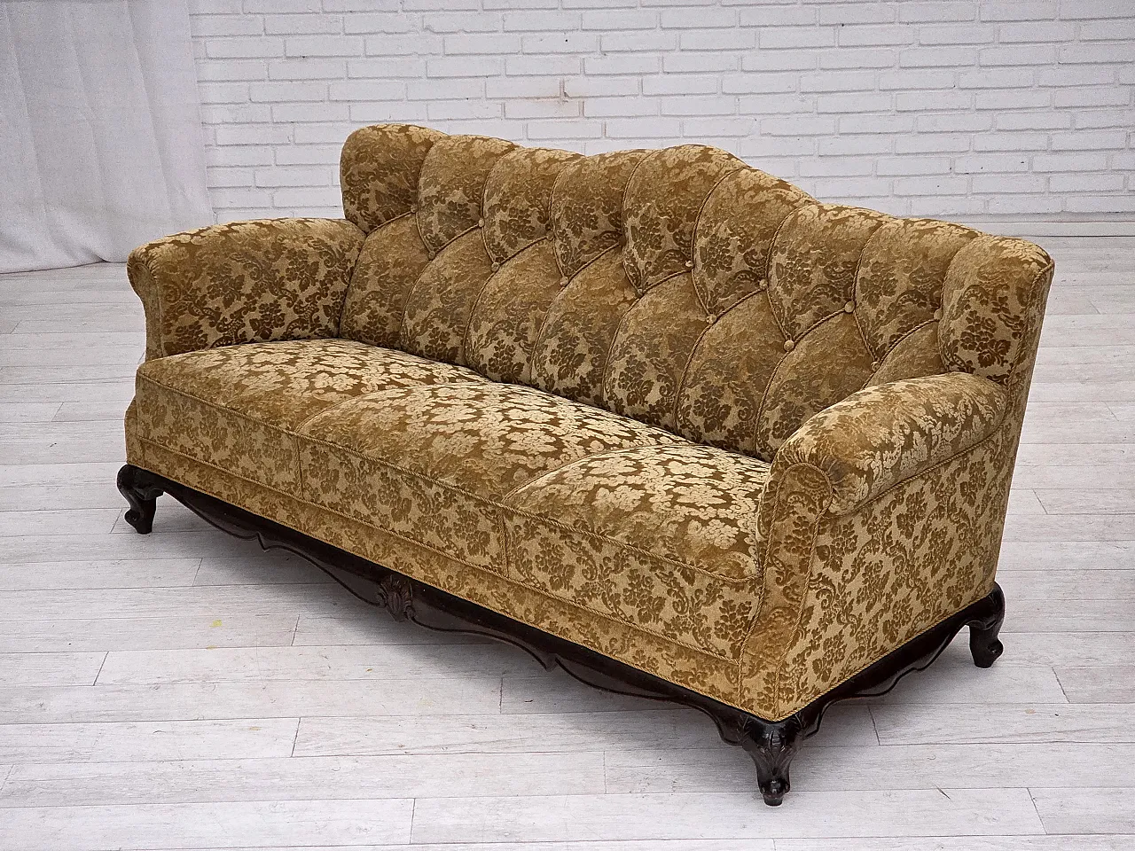 3 seater sofa in velvet and carved oak, 1950s 17