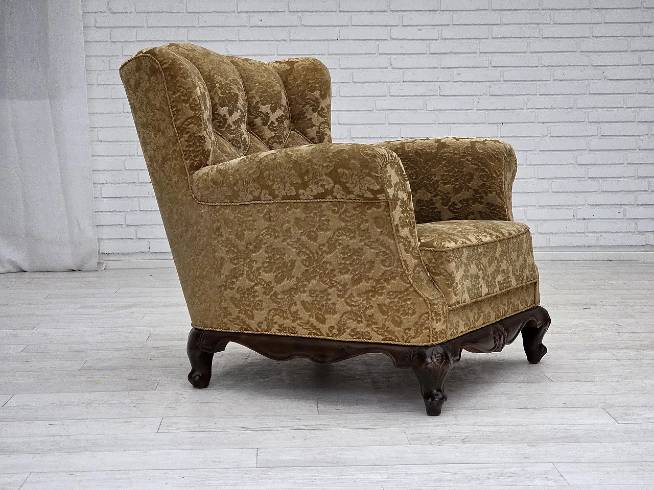 Furniture velvet and carved oak armchair, 1950s 1