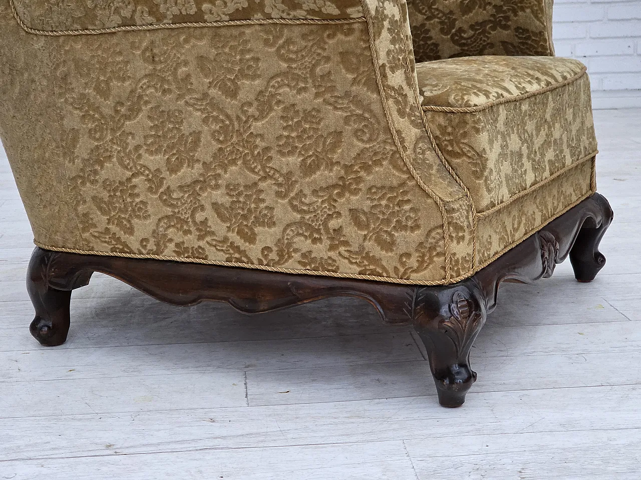 Furniture velvet and carved oak armchair, 1950s 6