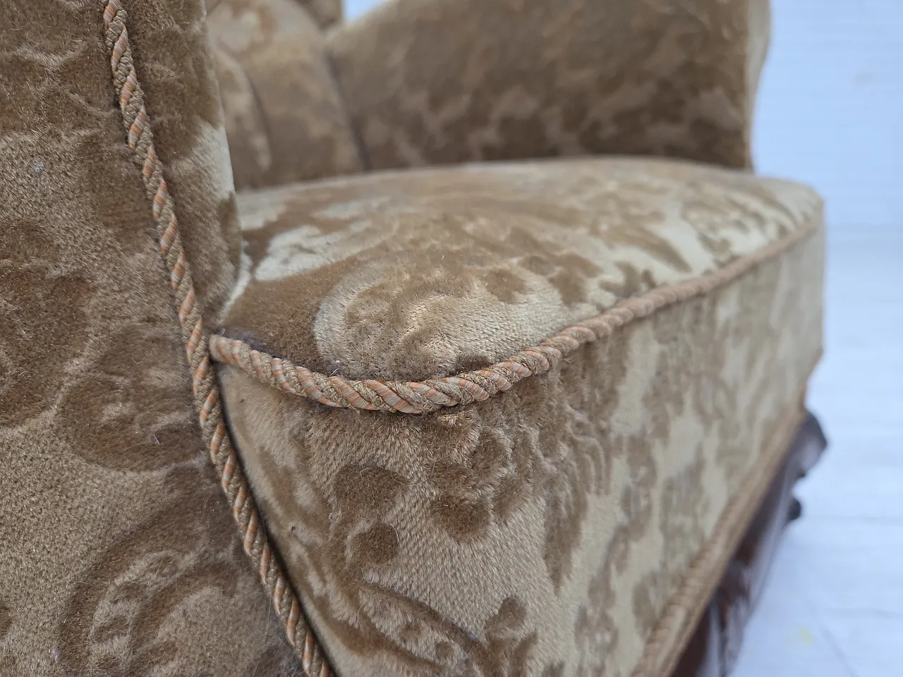 Furniture velvet and carved oak armchair, 1950s 7
