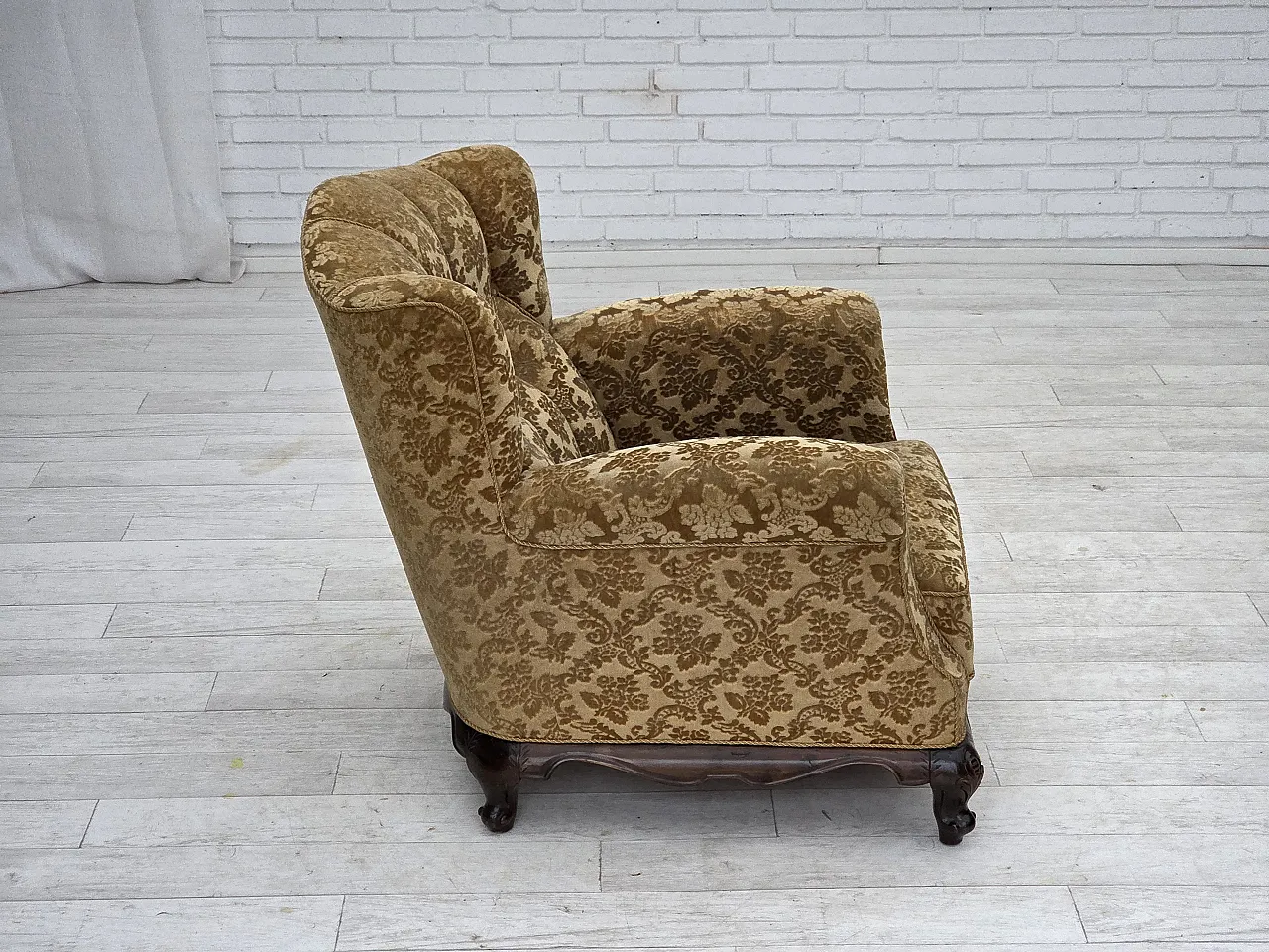 Furniture velvet and carved oak armchair, 1950s 9