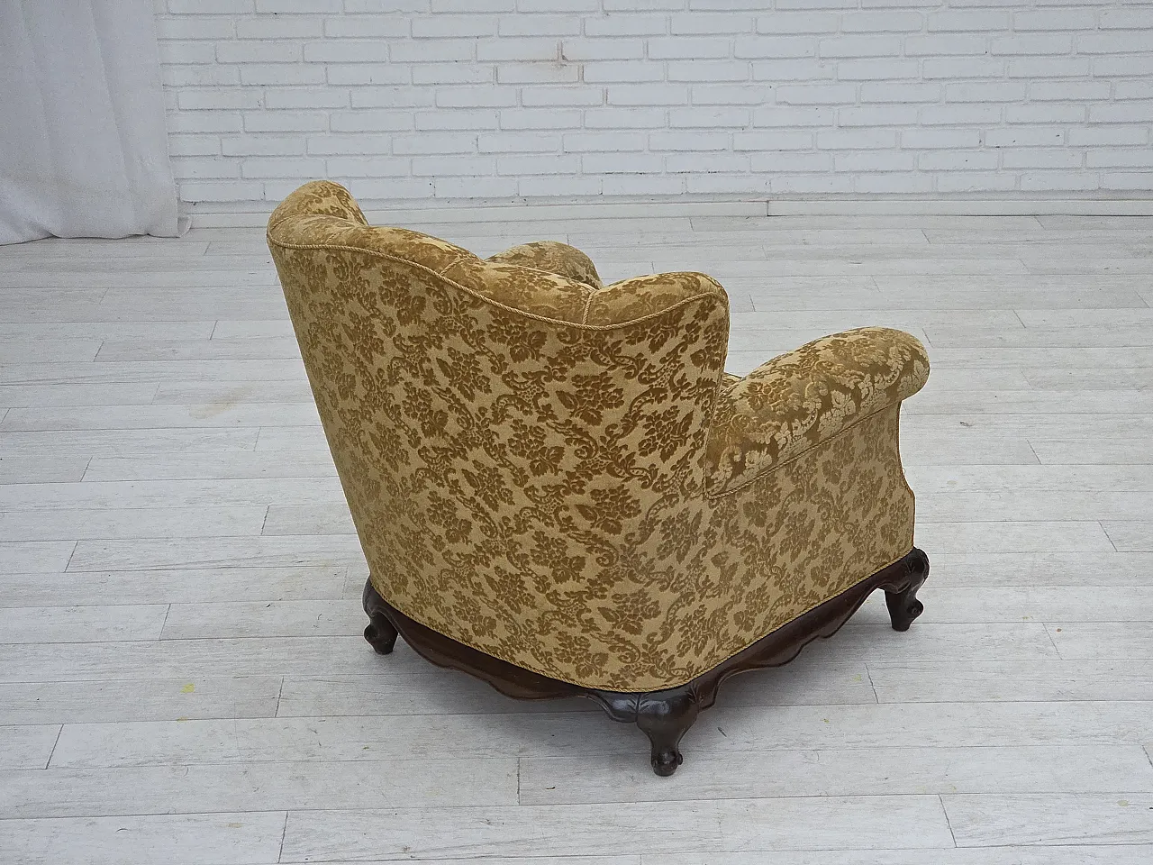 Furniture velvet and carved oak armchair, 1950s 10