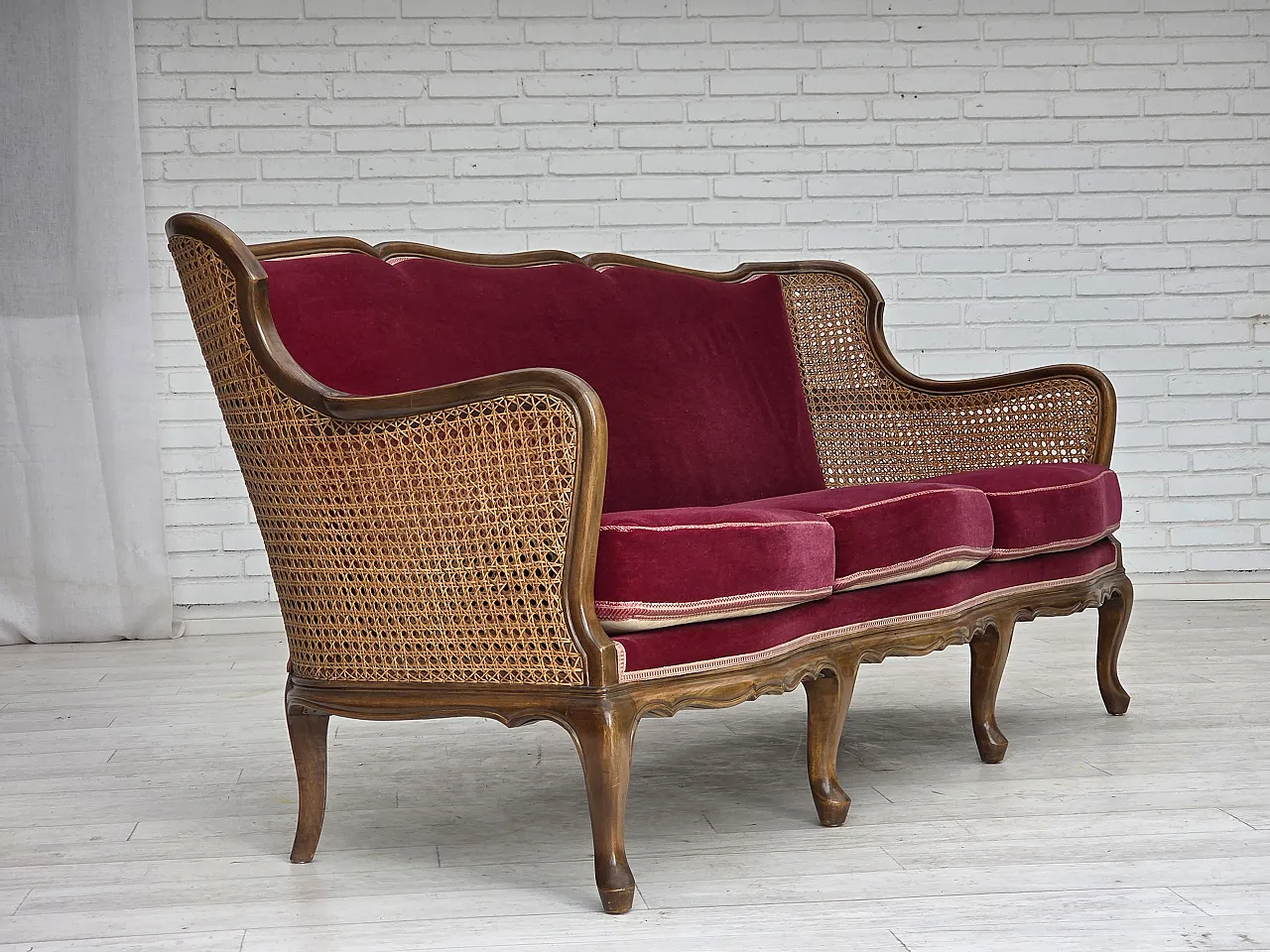 Divano danese a 3 posti, velluto, anni '50 7