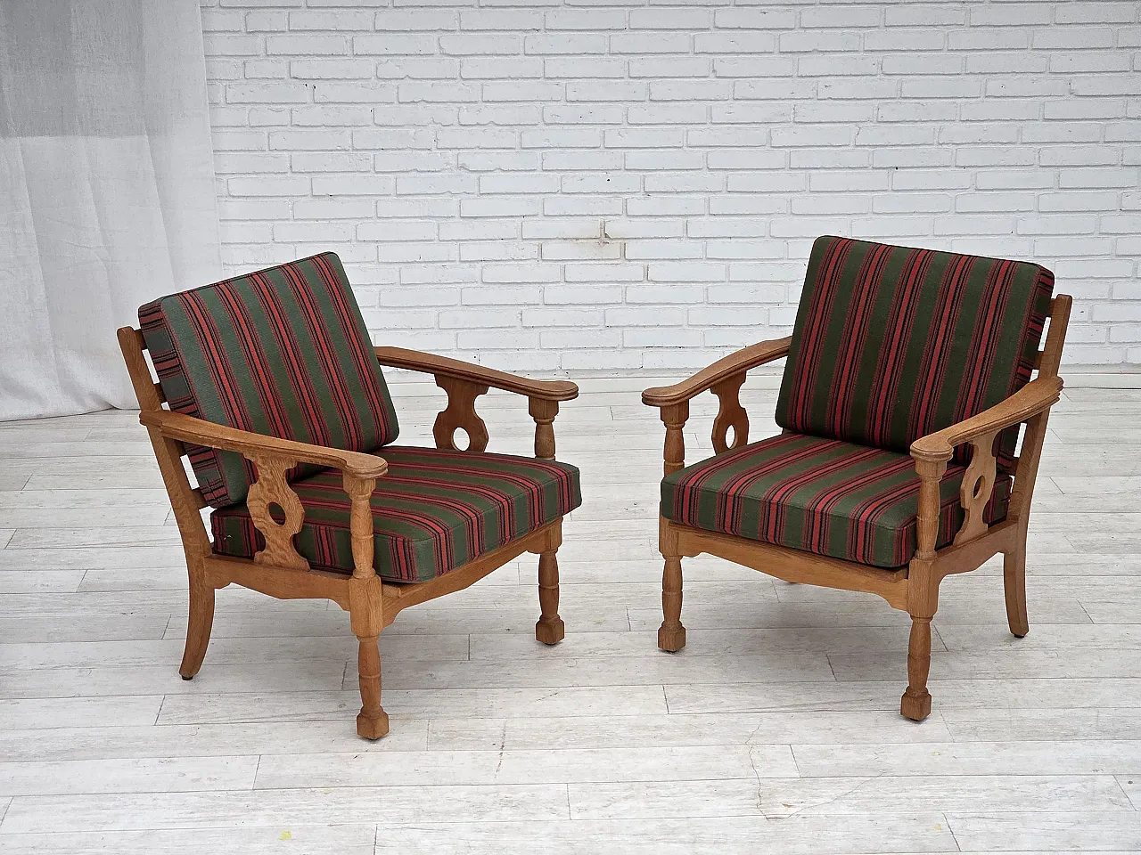 Danish armchair, green wool, solid oak wood, 1970s 2