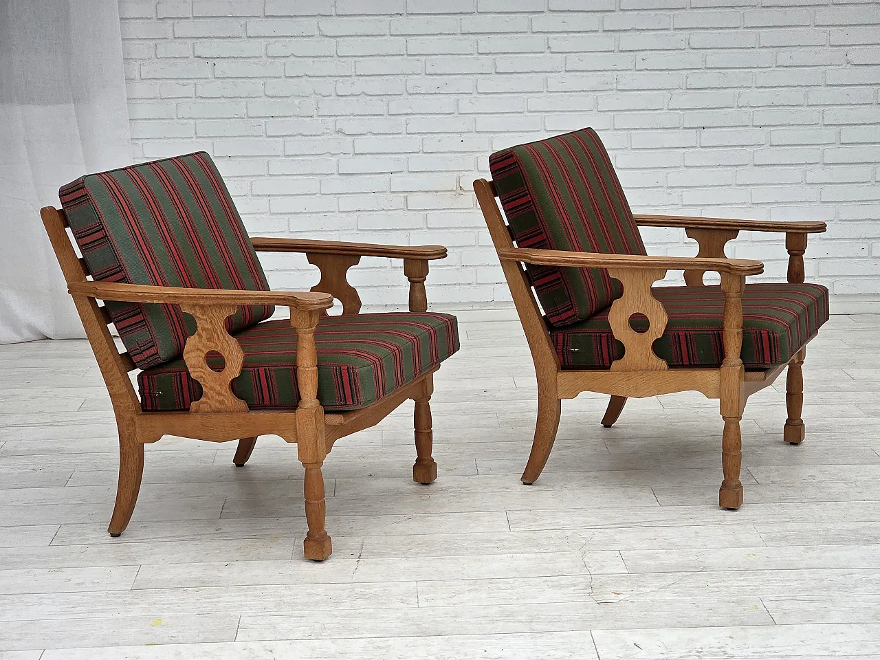 Danish armchair, green wool, solid oak wood, 1970s 3