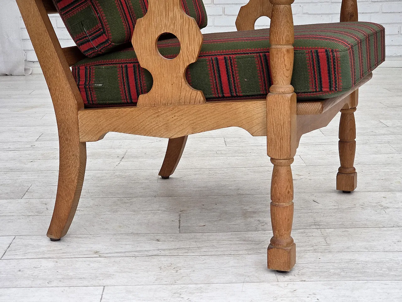 Danish armchair, green wool, solid oak wood, 1970s 6