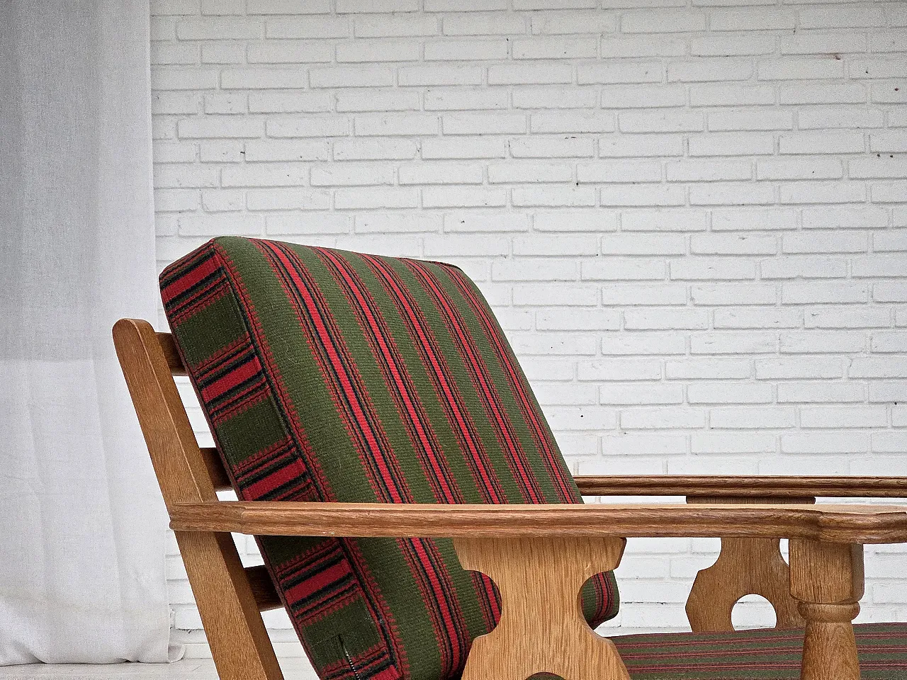 Danish armchair, green wool, solid oak wood, 1970s 7