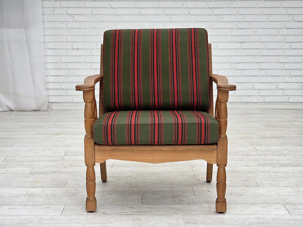 Danish armchair, green wool, solid oak wood, 1970s 9
