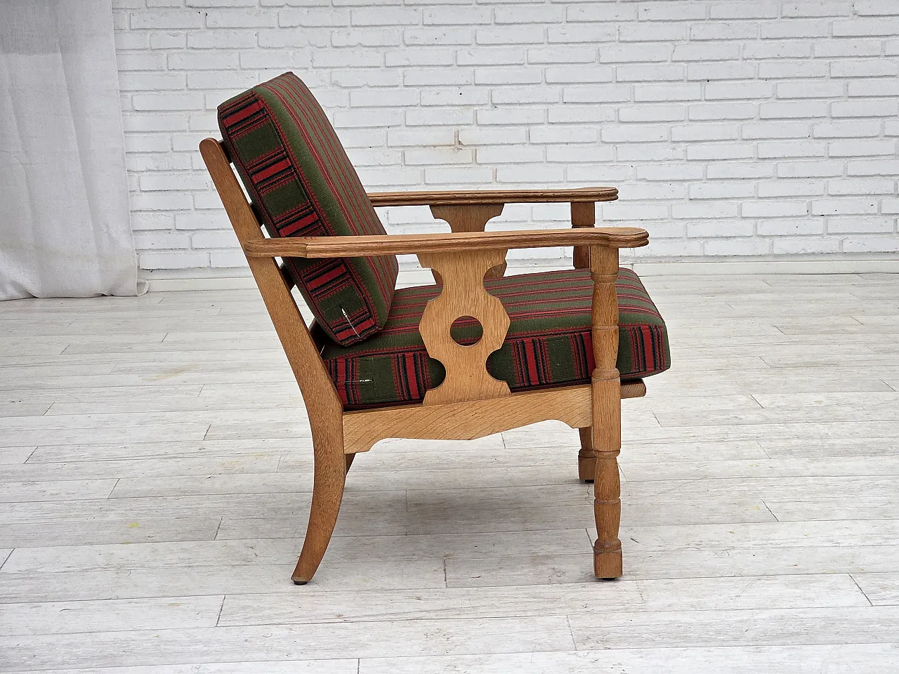 Danish armchair, green wool, solid oak wood, 1970s 11