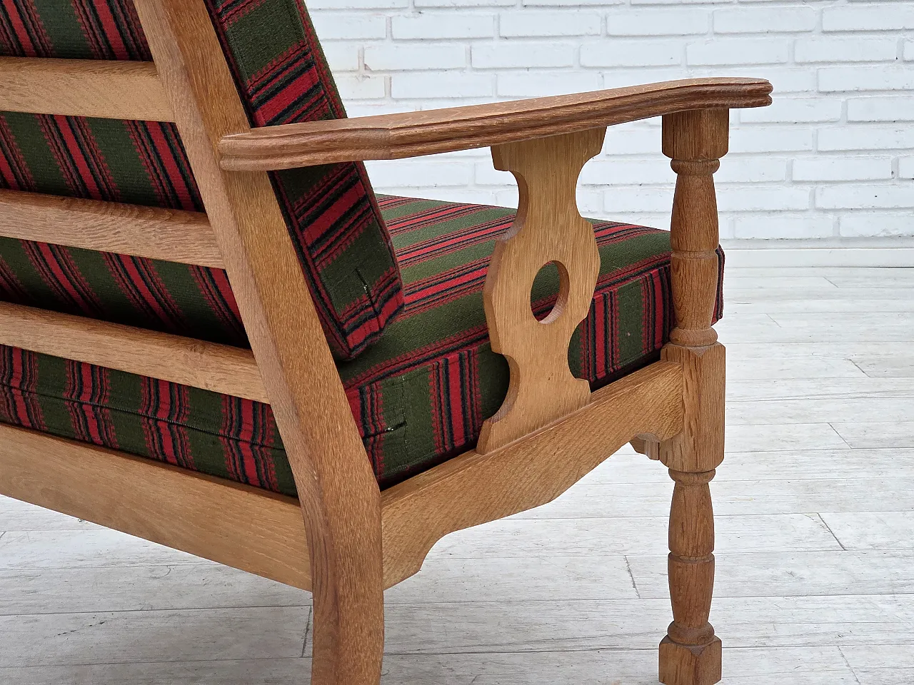 Danish armchair, green wool, solid oak wood, 1970s 13