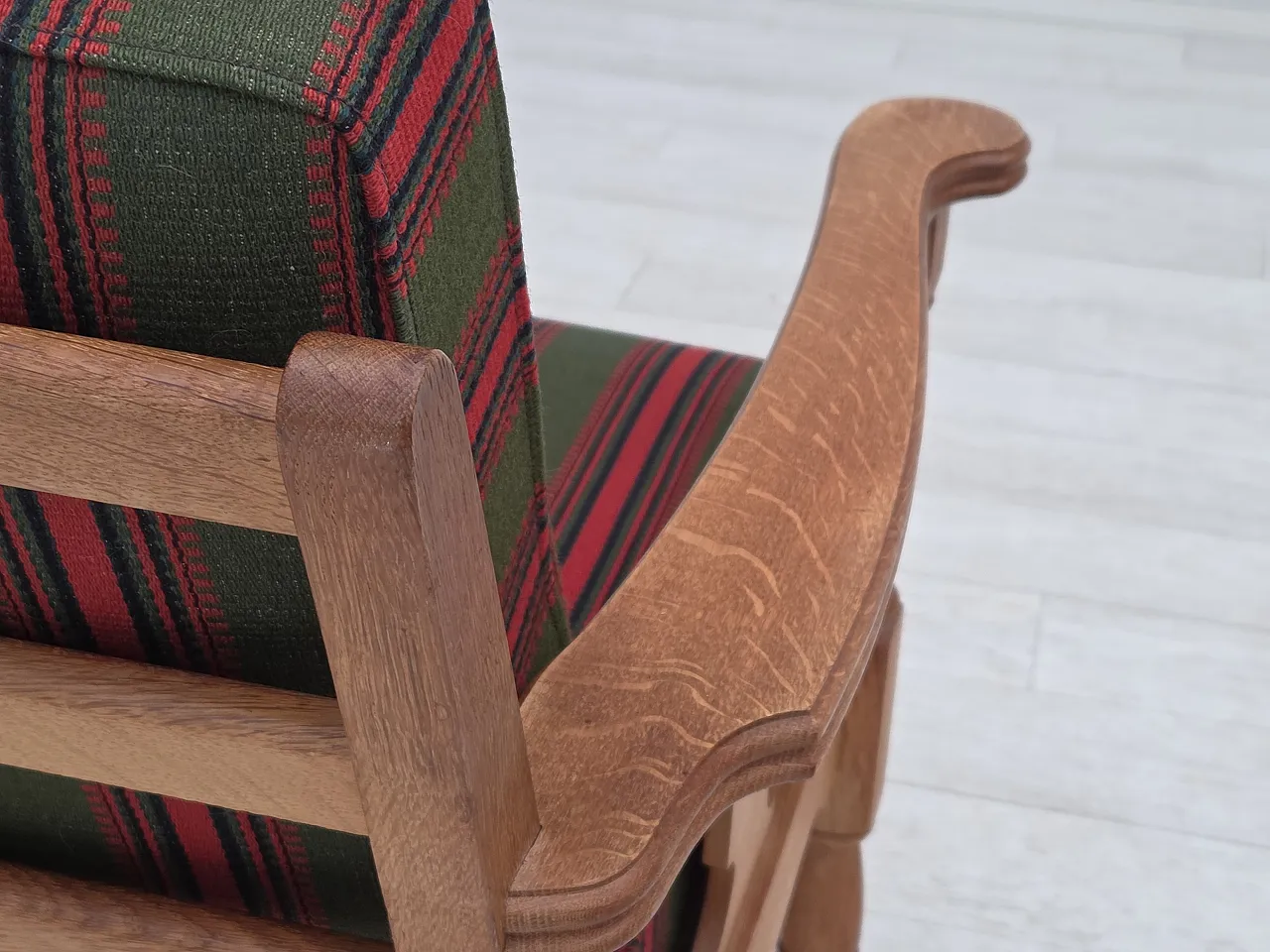 Danish armchair, green wool, solid oak wood, 1970s 15
