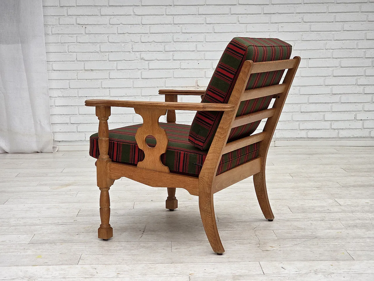 Danish armchair, green wool, solid oak wood, 1970s 16