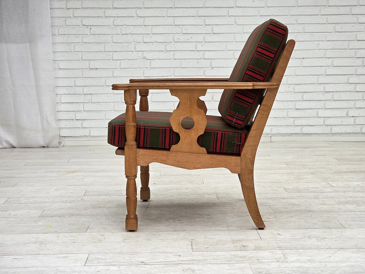 Danish armchair, green wool, solid oak wood, 1970s 17