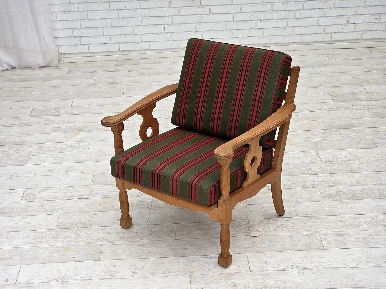 Danish armchair, green wool, solid oak wood, 1970s 18
