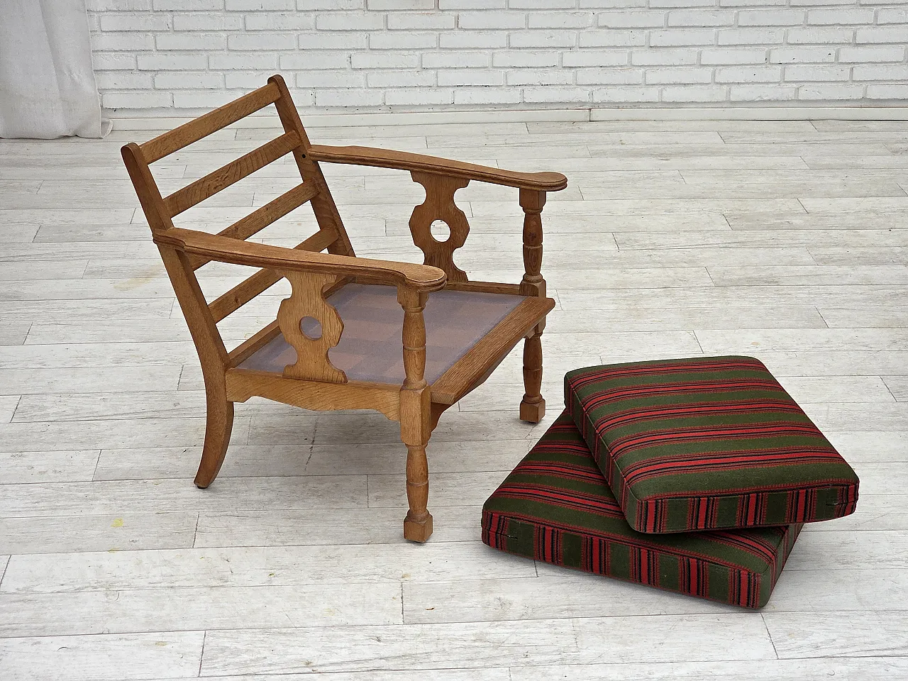 Danish armchair, green wool, solid oak wood, 1970s 20