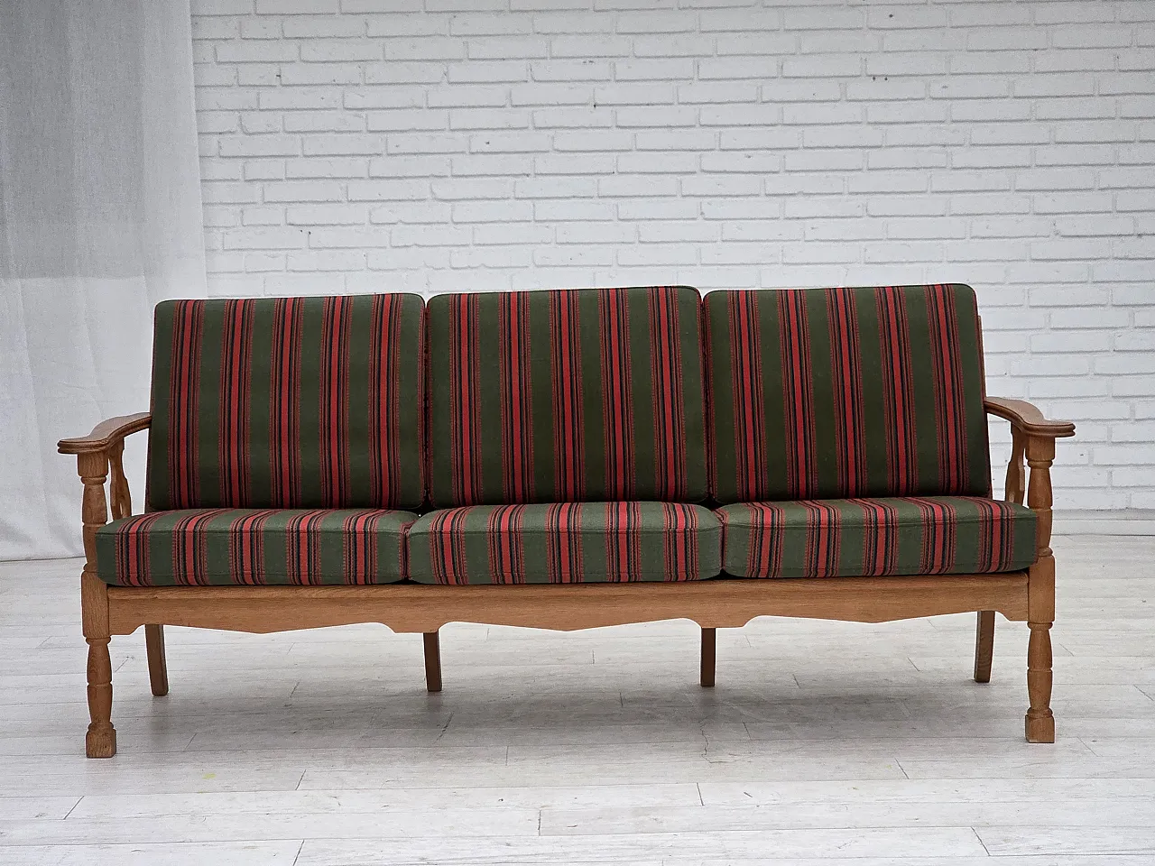 3 seater sofa with green wool and oak furniture, 1970s 1