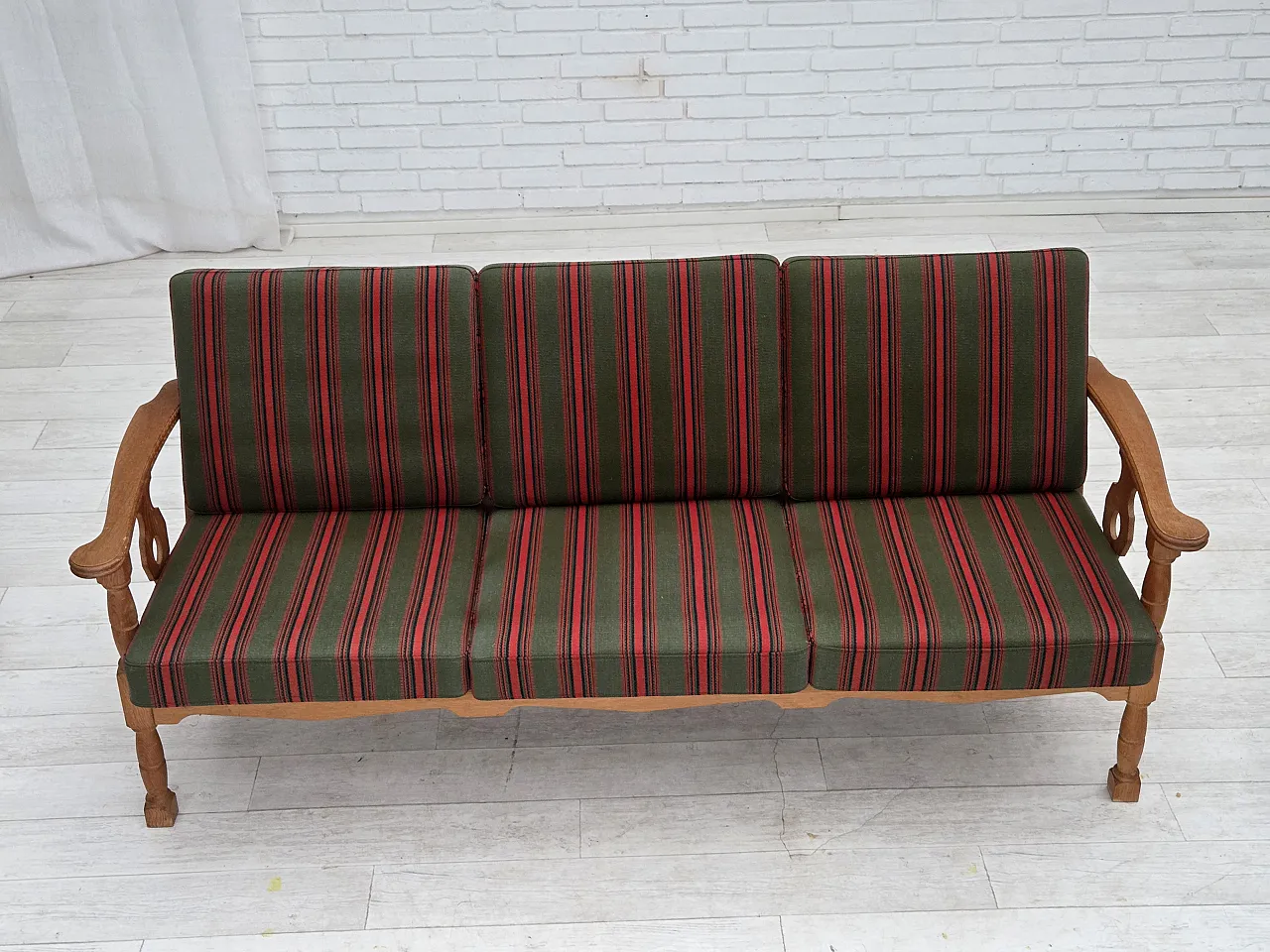3 seater sofa with green wool and oak furniture, 1970s 2