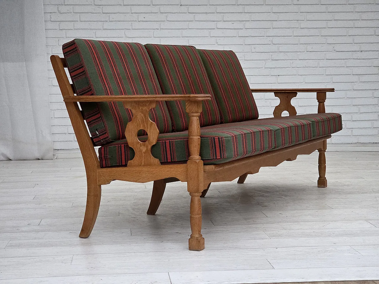 3 seater sofa with green wool and oak furniture, 1970s 4