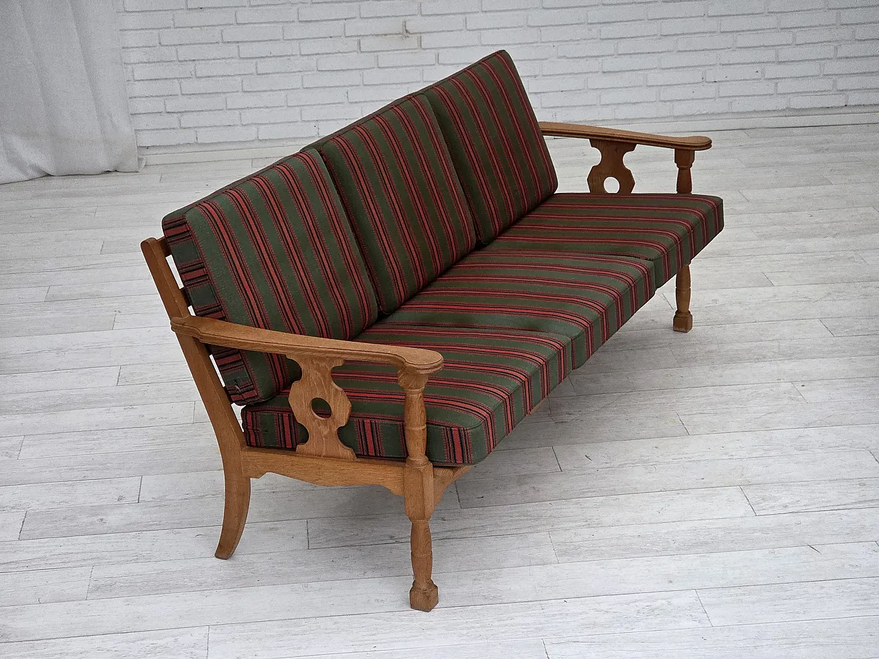 3 seater sofa with green wool and oak furniture, 1970s 5