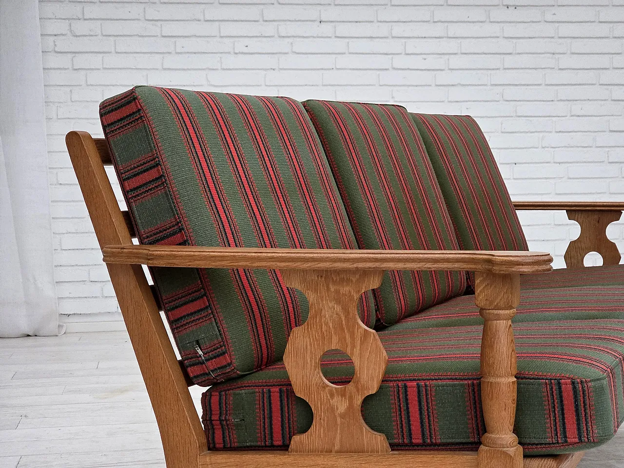 3 seater sofa with green wool and oak furniture, 1970s 6