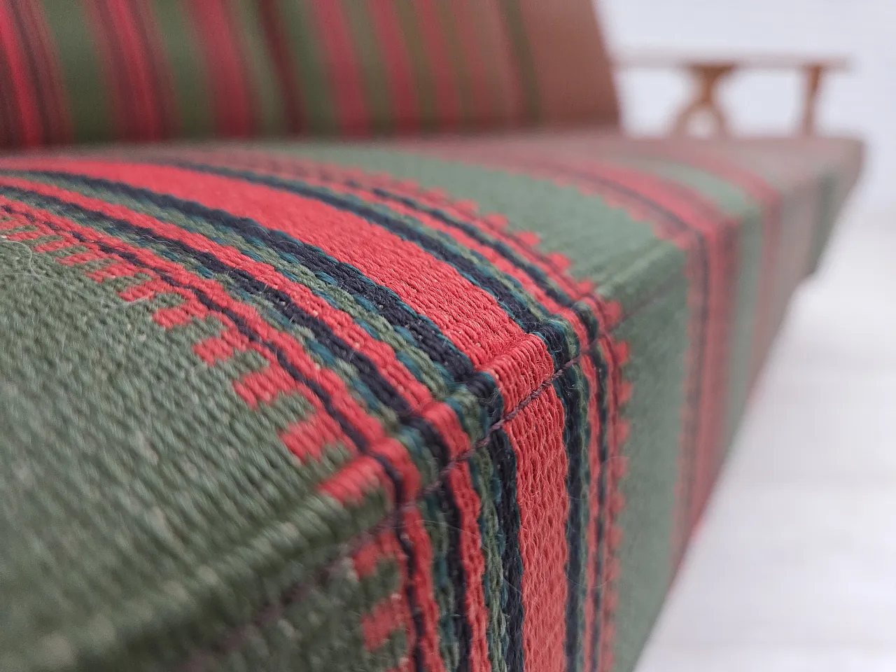 3 seater sofa with green wool and oak furniture, 1970s 7