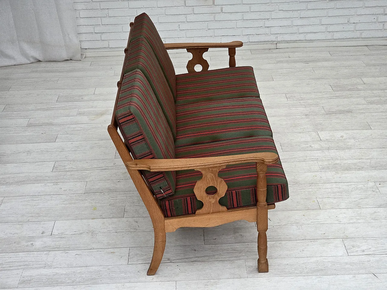 3 seater sofa with green wool and oak furniture, 1970s 10