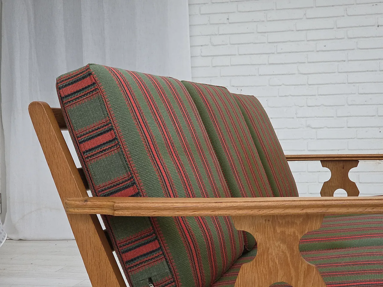 3 seater sofa with green wool and oak furniture, 1970s 11