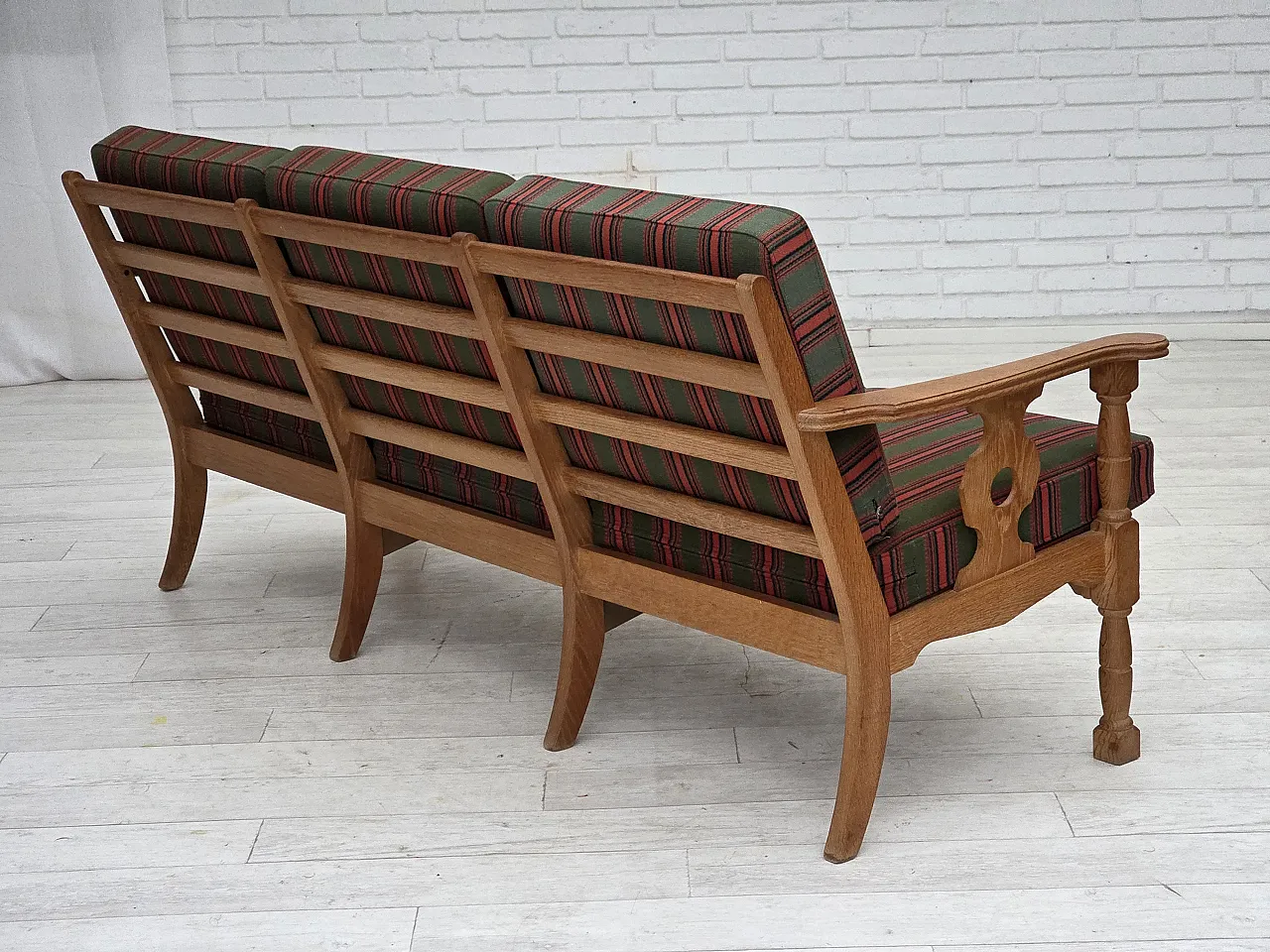 3 seater sofa with green wool and oak furniture, 1970s 12