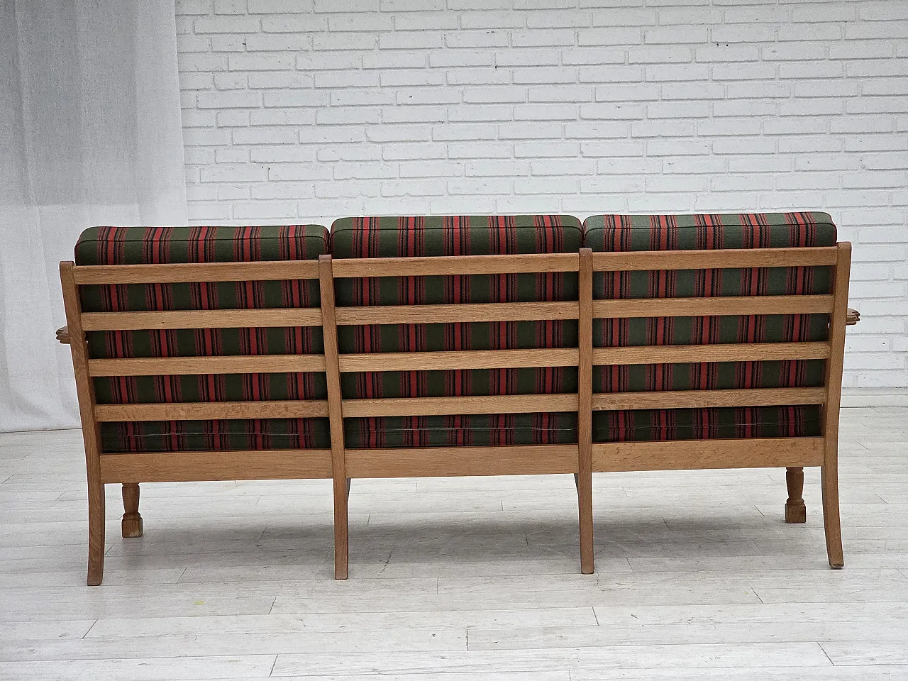 3 seater sofa with green wool and oak furniture, 1970s 13