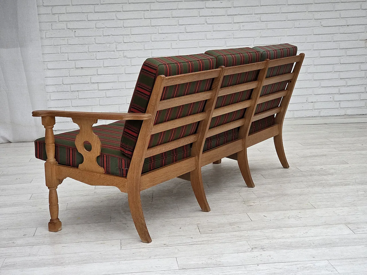 3 seater sofa with green wool and oak furniture, 1970s 14