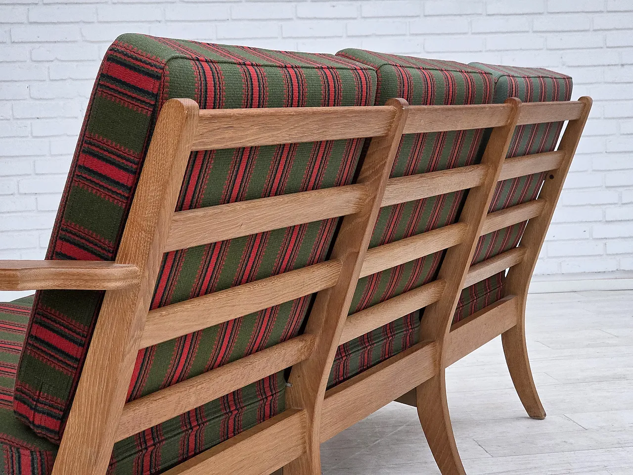 3 seater sofa with green wool and oak furniture, 1970s 15