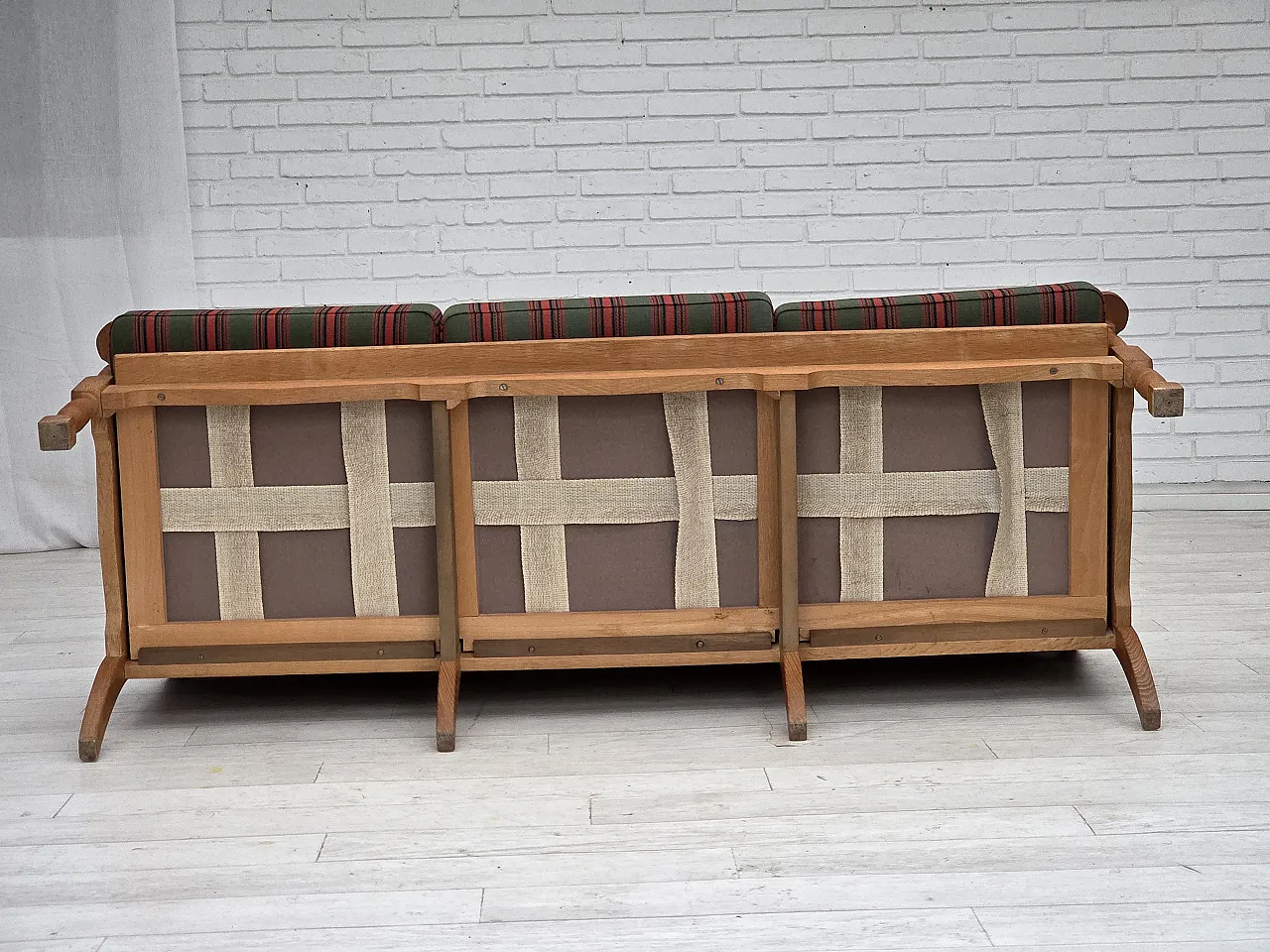 3 seater sofa with green wool and oak furniture, 1970s 19