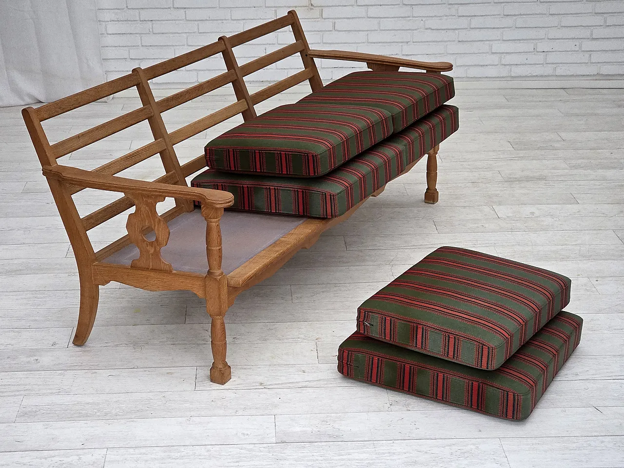 3 seater sofa with green wool and oak furniture, 1970s 21