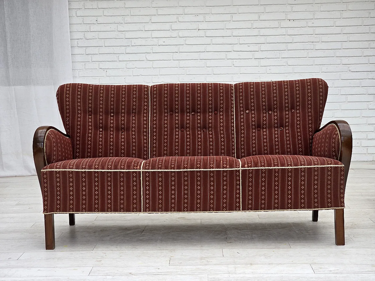 Danish 3-seater sofa in red furniture wool and beech wood, 1960s 1
