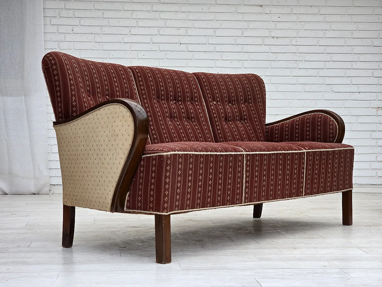 Danish 3-seater sofa in red furniture wool and beech wood, 1960s 6