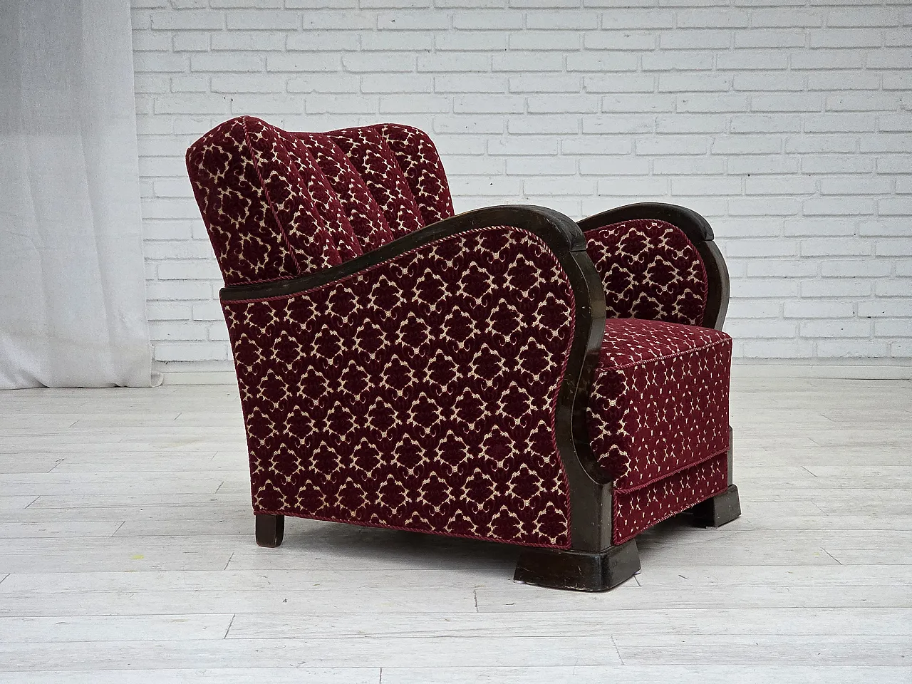 Danish armchair in cherry red velvet and oak wood, 1960s 1